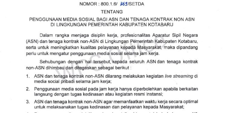 Bupati Kotabaru Terbitkan Surat Edaran Larangan ASN Live Streaming Saat Jam Kerja
